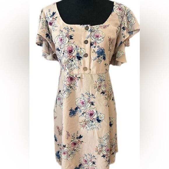 Xhilaration Flutter Sleeve Knee-Length Pink Floral Dress size L - Picture 1 of 10